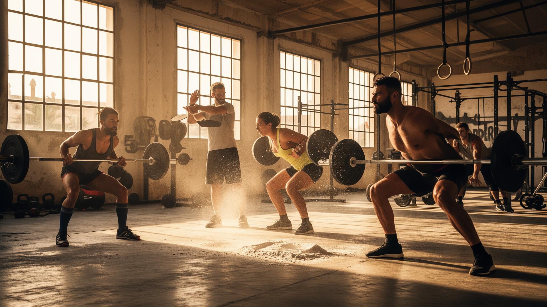 Athletes mid-workout on the training floor under Mediterranean light