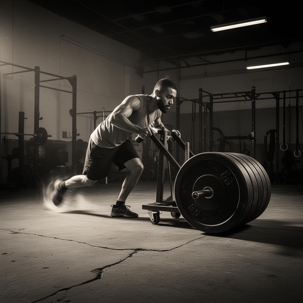 Athlete pushing a weighted sled across raw concrete
