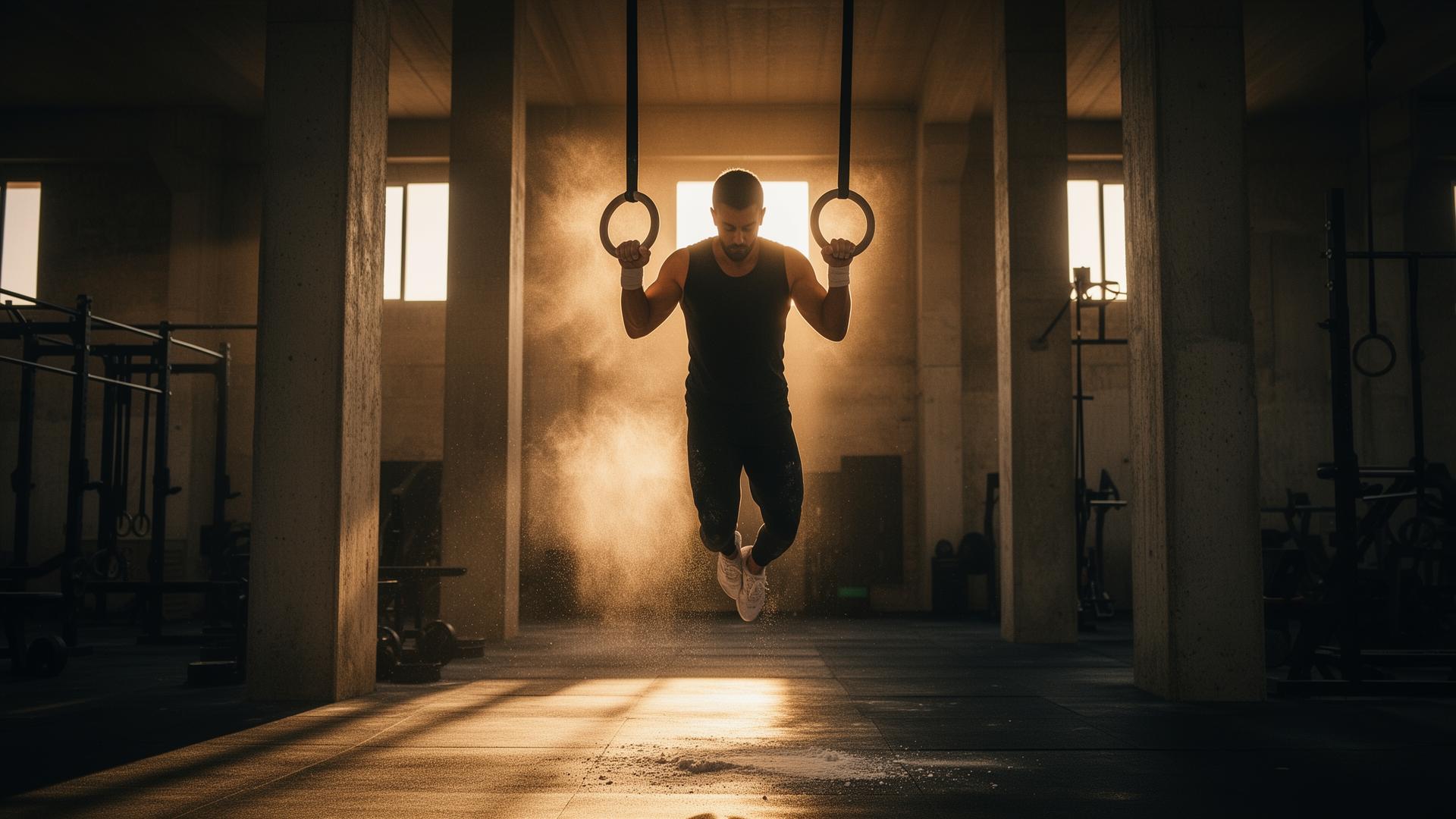 Athlete training on gymnastic rings backlit by Mediterranean sunlight