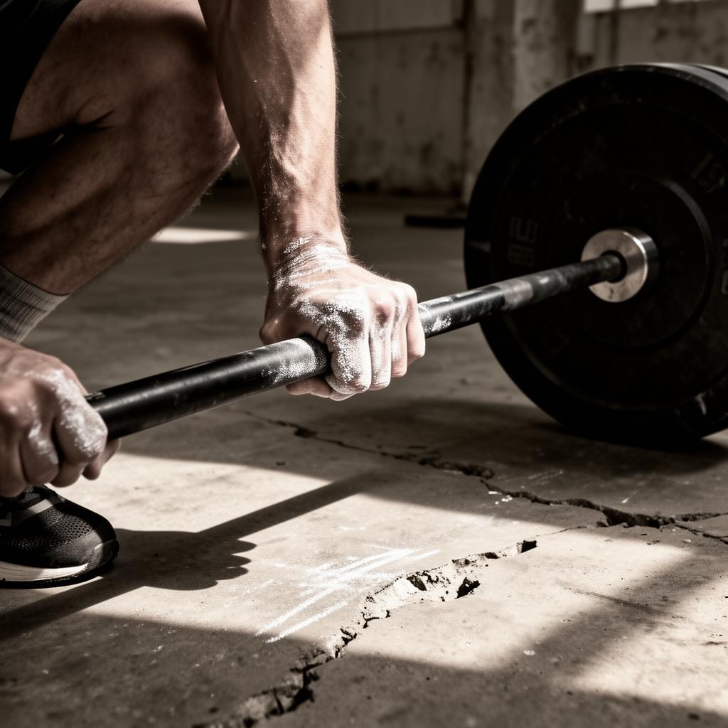 Chalked hands gripping a barbell on raw concrete