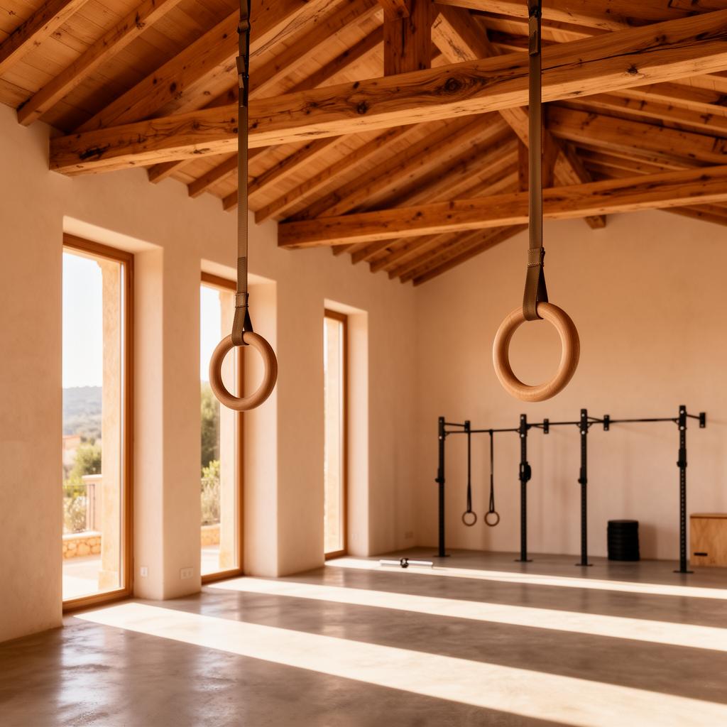 Gymnastic rings hanging from oak beams in sunlit Mediterranean studio