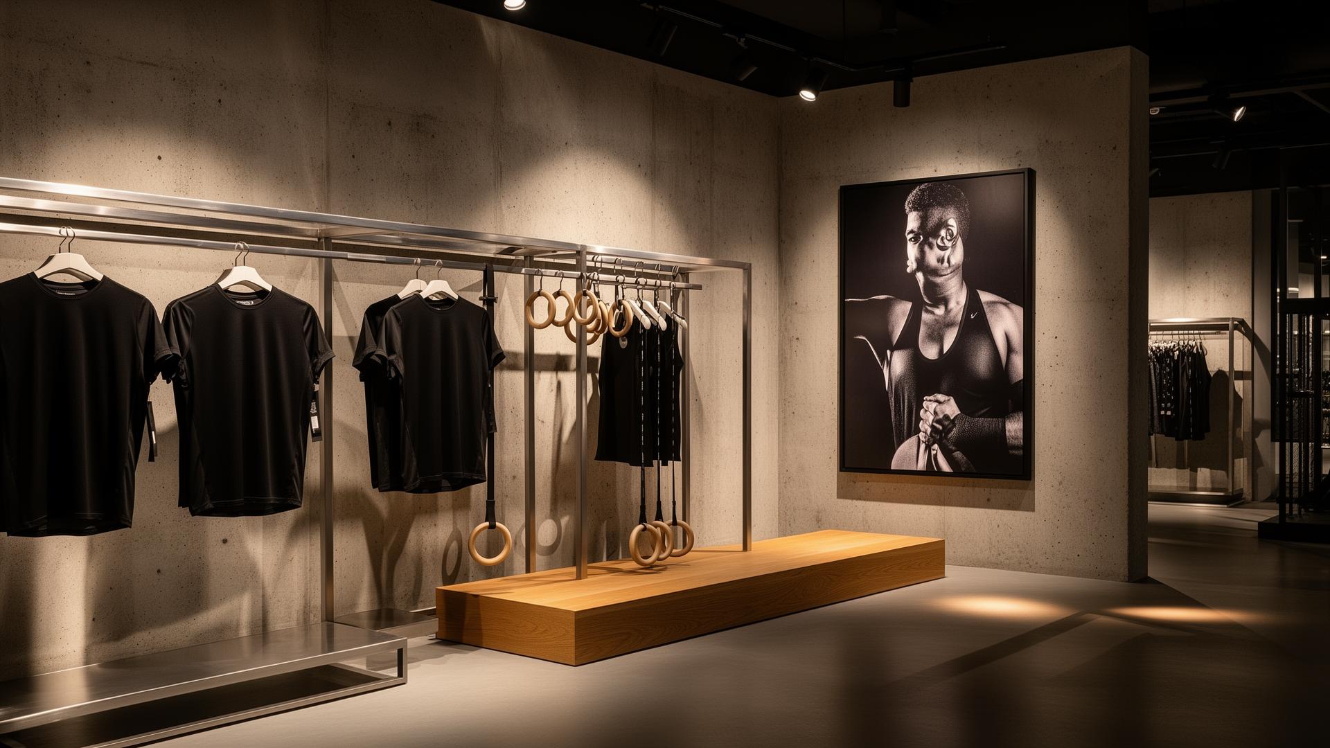 Flagship showroom floor with brushed steel apparel rack and oak ring plinth